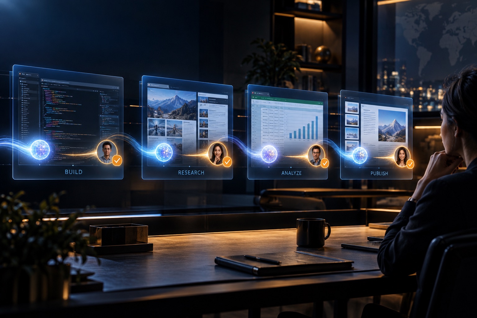 Operator overseeing an AI workflow moving through software, research, analysis, and publishing stages