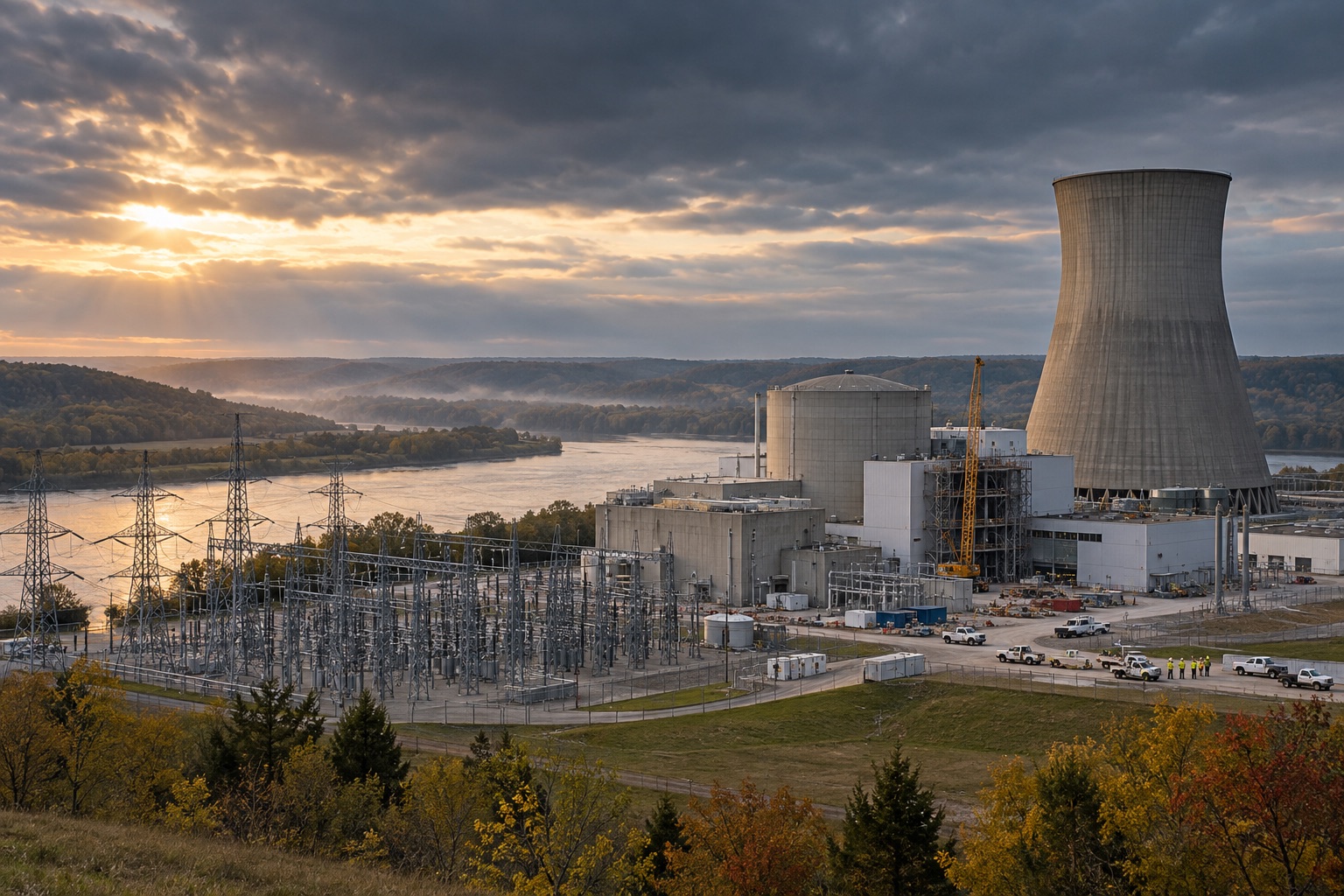 Midwestern nuclear power station, switchyard, and transmission lines during a major refurbishment