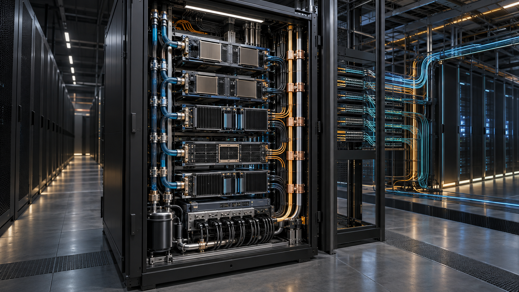 Editorial cutaway of a liquid-cooled AI inference rack combining different accelerator trays through shared power delivery, cooling manifolds, and high-speed networking