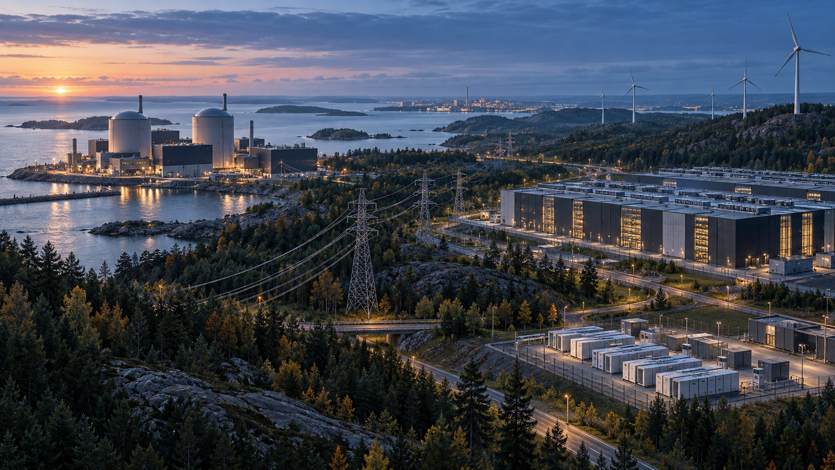Editorial view of a Finnish coastal nuclear plant connected by transmission lines to a hyperscale data center, wind turbines, and a grid-scale battery system at sunrise