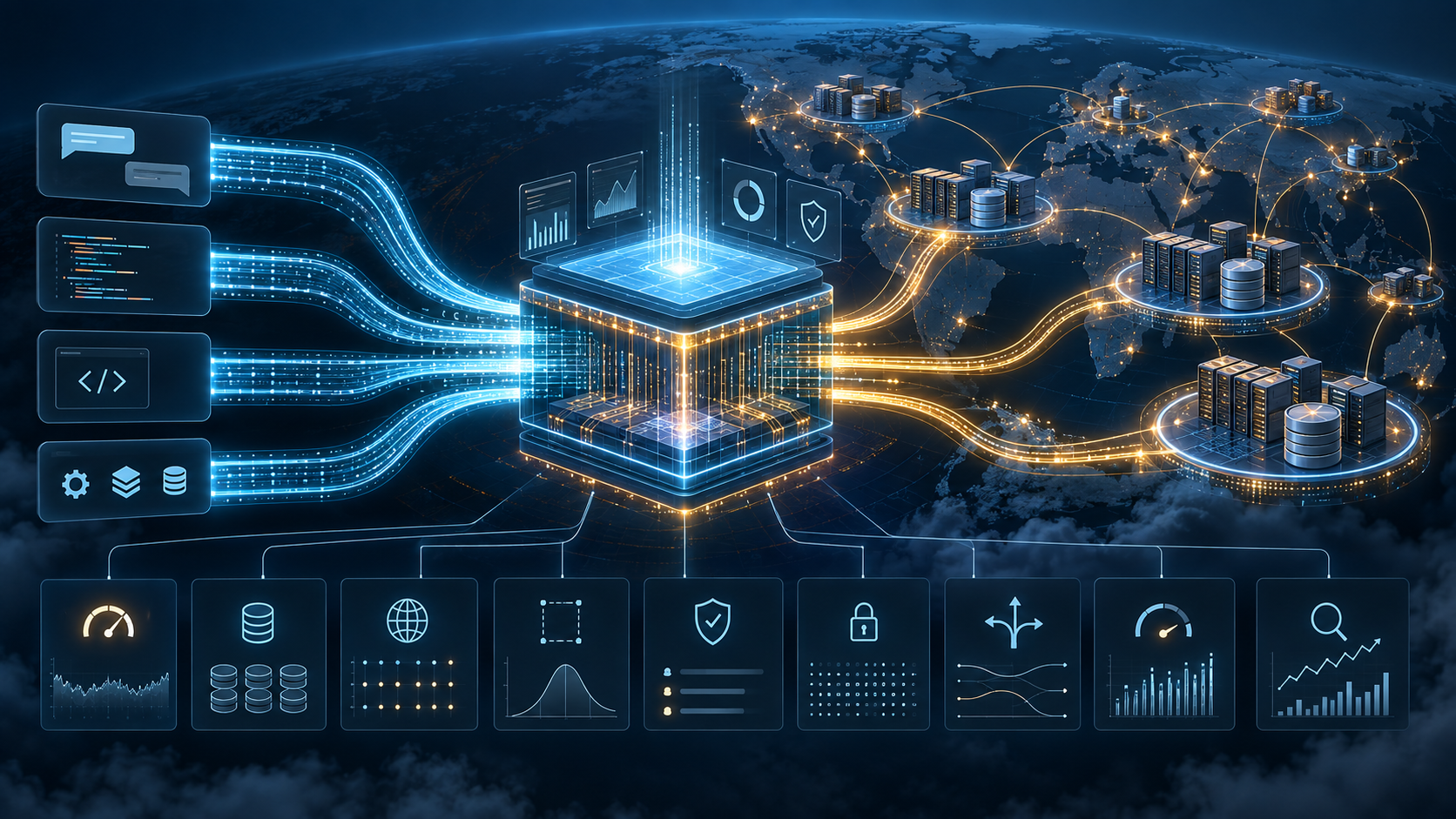 Editorial architecture illustration of a centralized online-storage control plane routing high-volume AI product traffic into distributed regional databases, caches, security controls, and observability systems